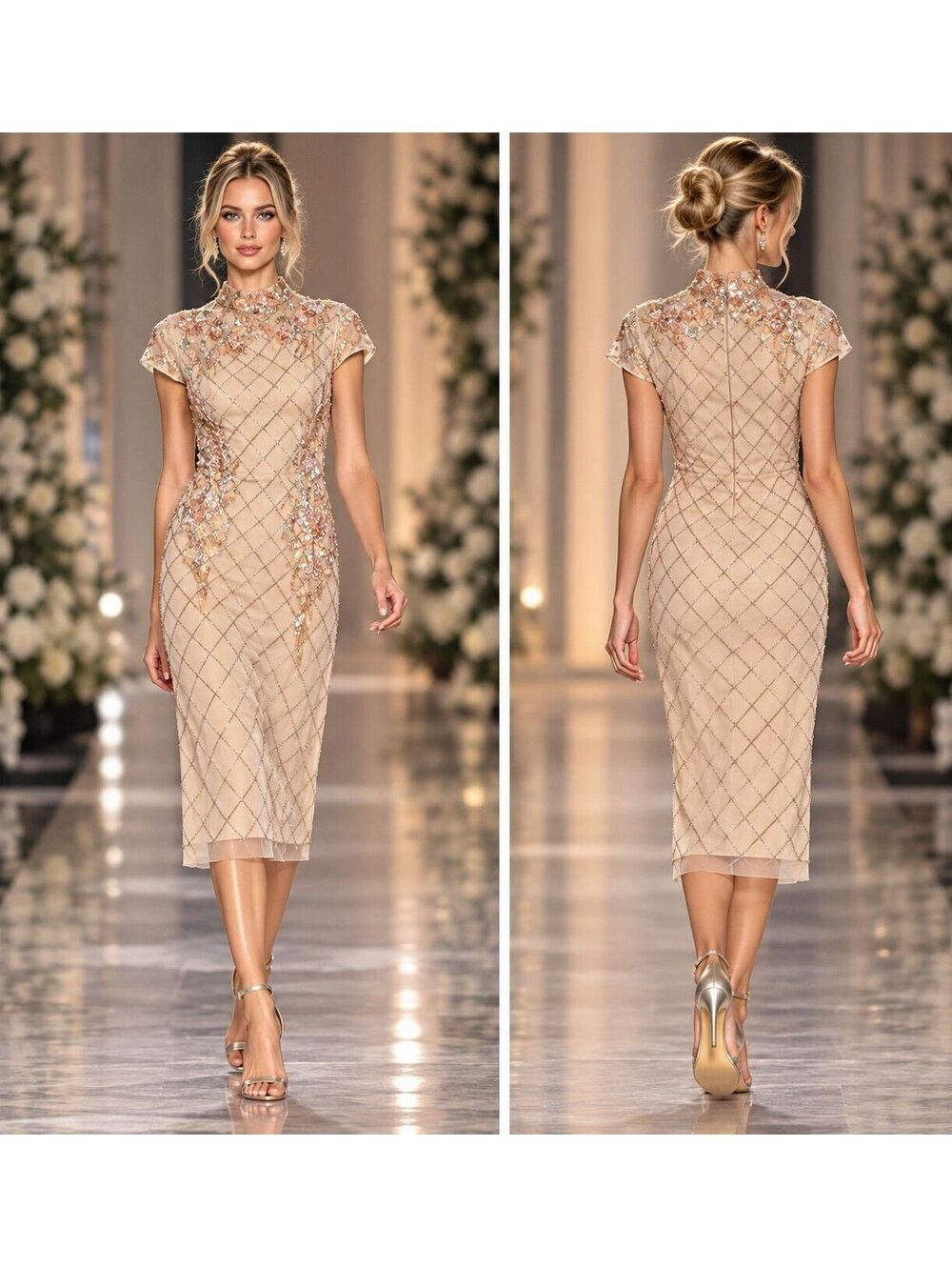 Aidan Mattox Beaded Floral Sequin Midi Dress Nude Blush Gold Sz 6 NWT Cocktail